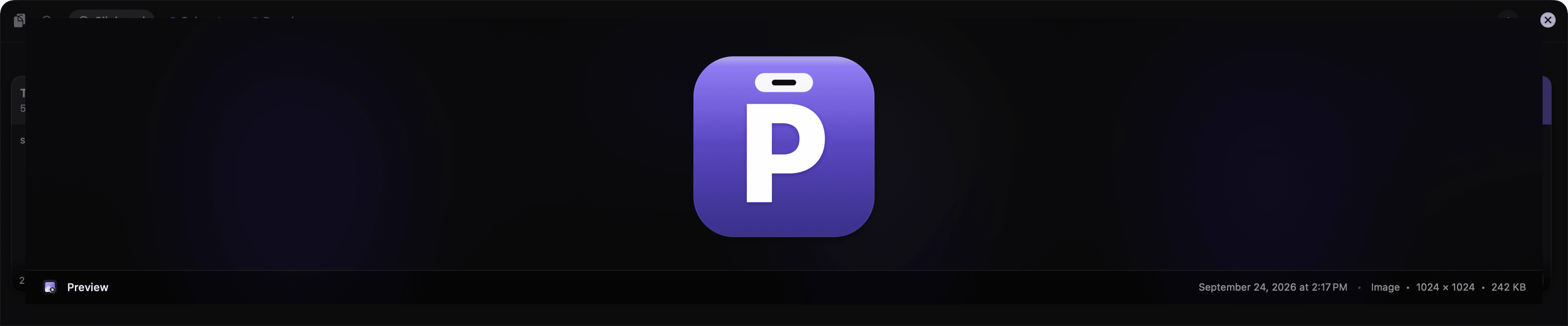The Space preview over the shelf, showing a copied image of the Pastiche app icon at full size, with the source app, the date and time, and the image size along the bottom.