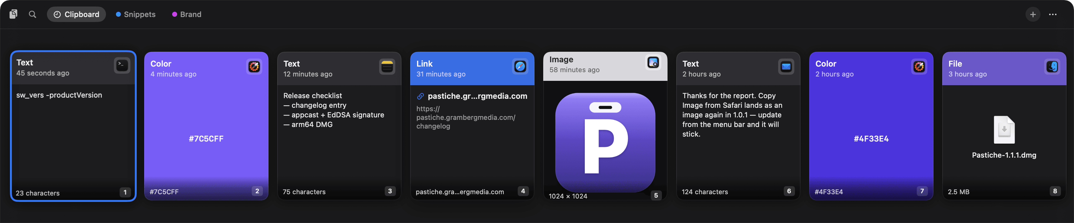 Pastiche's shelf open along the bottom of a Mac screen, Clipboard tab selected, with pinboards named Snippets and Brand, and eight cards: a Terminal command, a violet color swatch, a release checklist, a link to the Pastiche changelog, the Pastiche app icon, a short reply, an indigo swatch and a disk image.