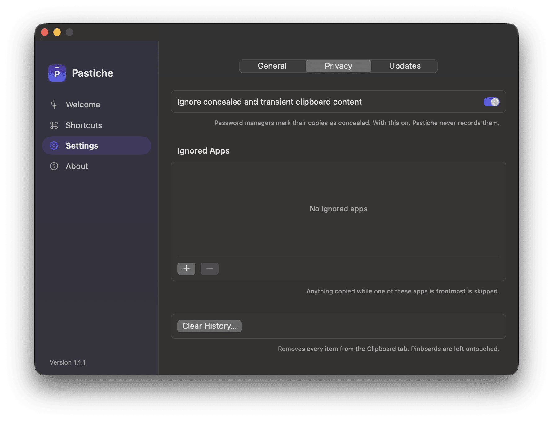 Pastiche Settings, Privacy pane: Ignore concealed and transient clipboard content switched on, an empty Ignored Apps list with add and remove buttons, and a Clear History button.