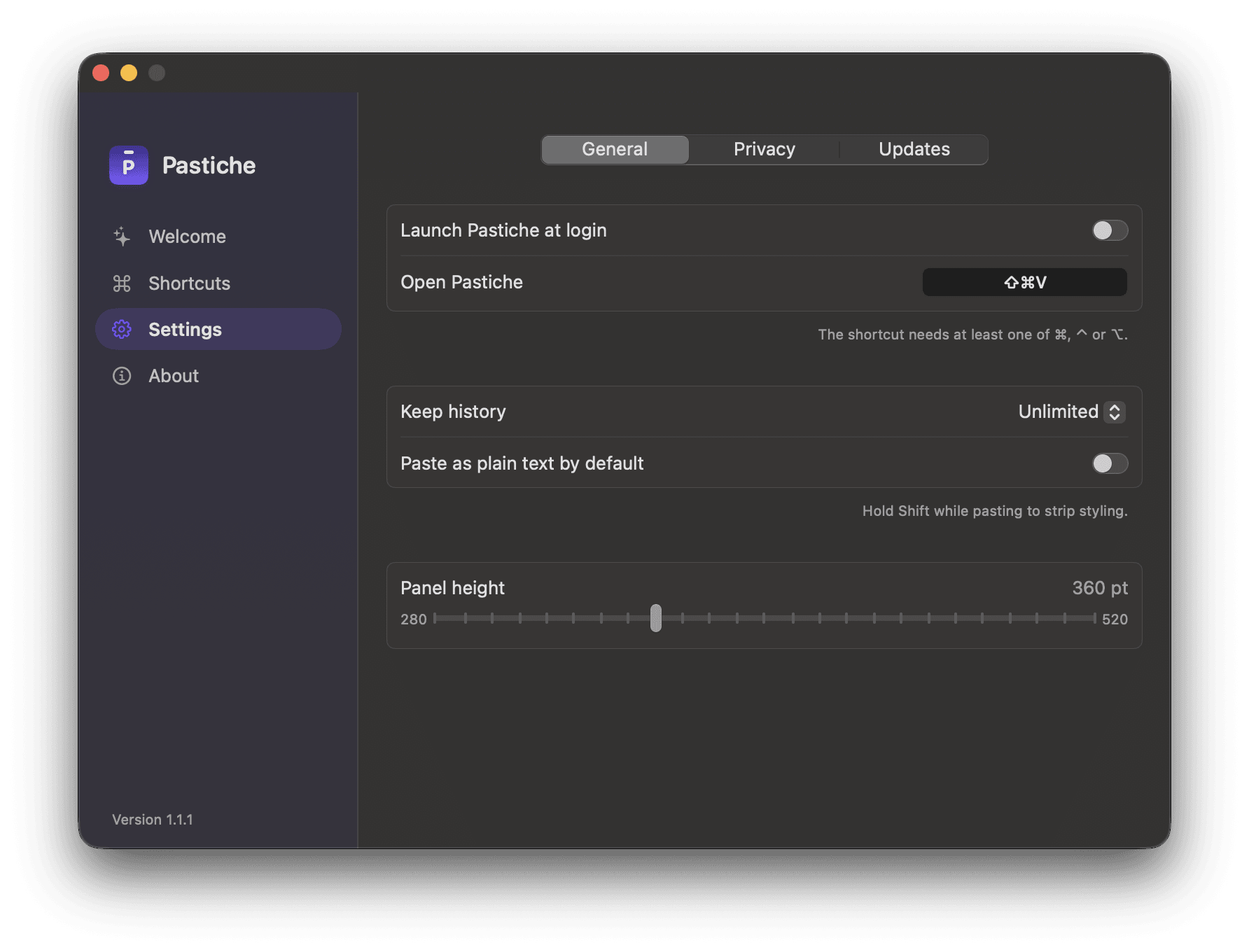 Pastiche Settings, General pane: Launch at login, the Open Pastiche shortcut set to Shift Command V, Keep history set to Unlimited, Paste as plain text by default, and a panel height slider at 360 pt.