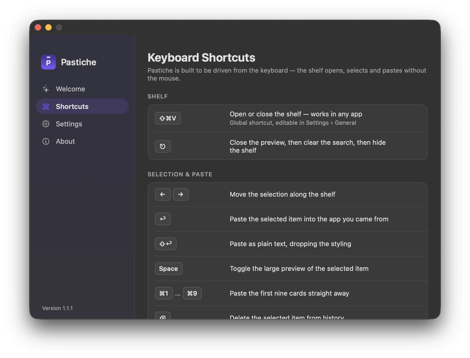Pastiche's Shortcuts tab, listing the keyboard shortcuts for the shelf, selection and paste, and search.