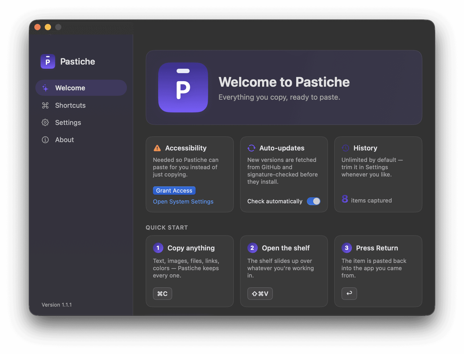 Pastiche's Welcome window: status cards for Accessibility (with a Grant Access button), Auto-updates and History, and three quick-start steps: Copy anything, Open the shelf, Press Return.